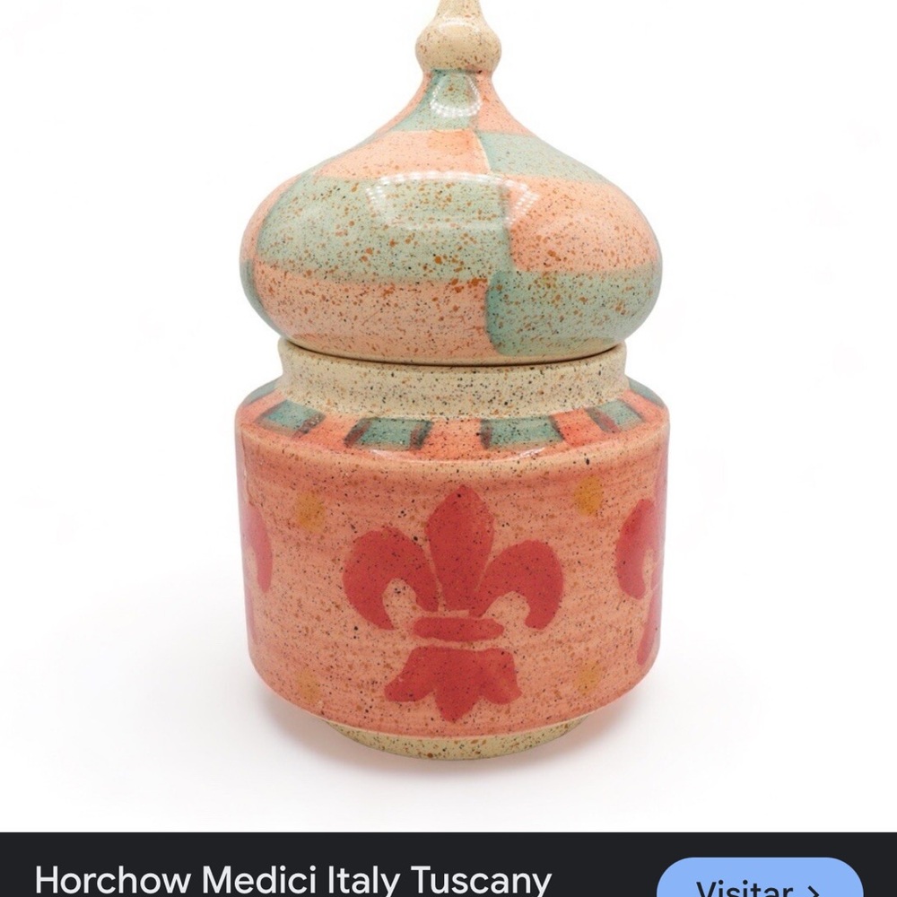 Horchow Ceramic Jar with Lid - Peach and Teal